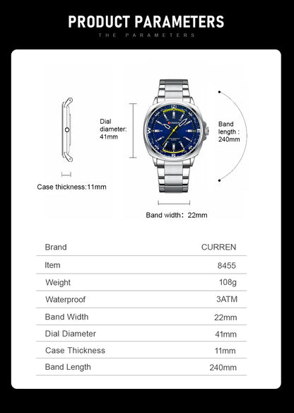 CURREN 8455 Men's Quartz Watch Large Dial Waterproof Stainless Steel Strap Casual Business Elegant Watches for Men reloj hombre