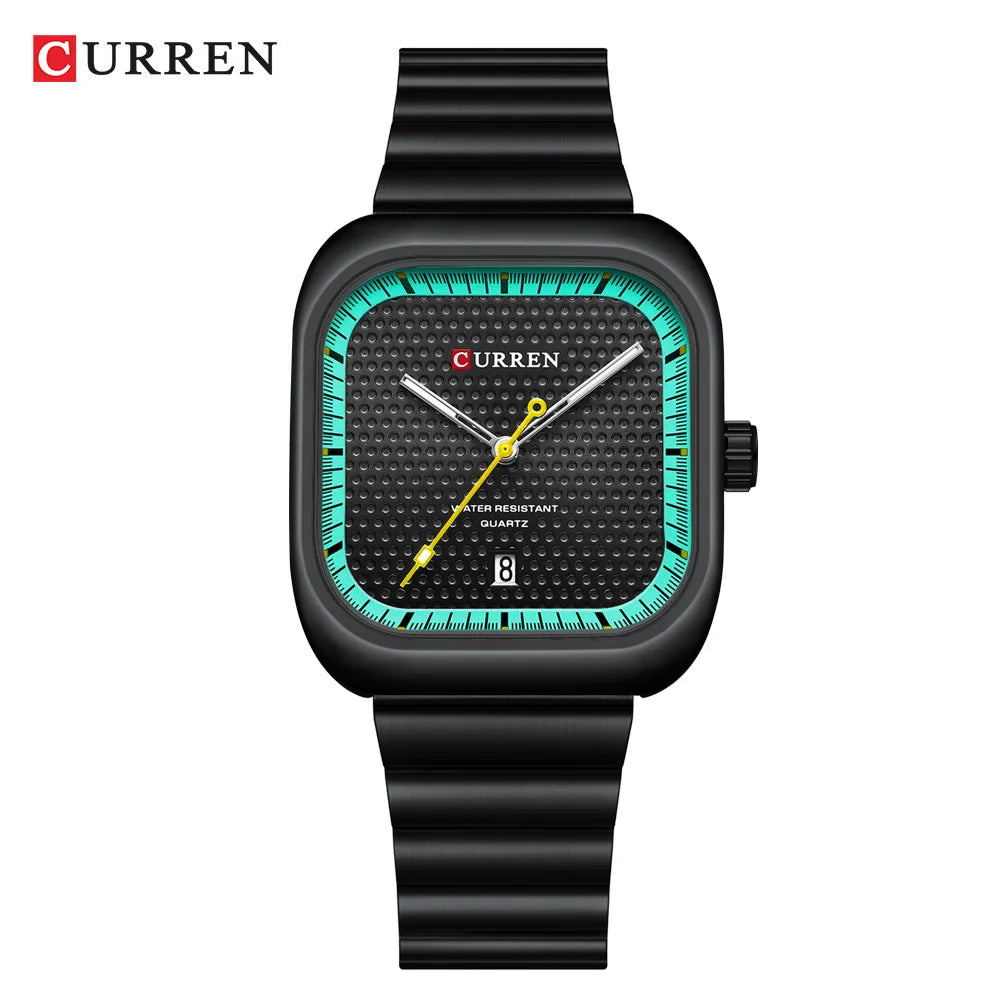 CURREN Fashion Square Men's Business Quartz Watch Stainless Steel Luminous Calendar Clock Male 36MM Large Dial Sports Wristwatch