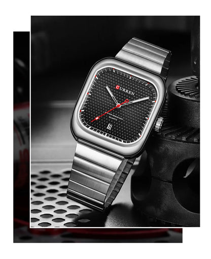 CURREN Simple Business Square Quartz Watches Casual Stainless Steel Bracelet Wristwatch with Auto Date for Men