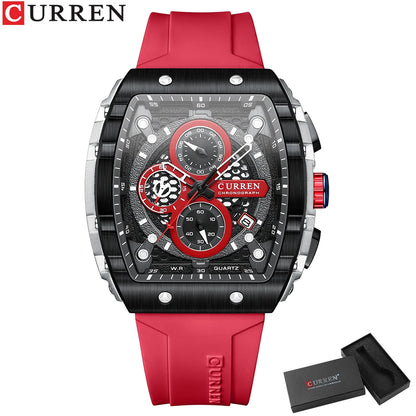 CURREN Sport Chronograph Quartz Watch for Men Fashion Blue Silicone Strap Tonneau Dial Wristwatch with Date 3atm Waterproof