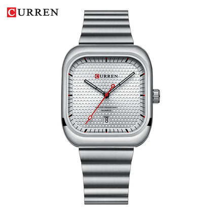 CURREN Simple Business Square Quartz Watches Casual Stainless Steel Bracelet Wristwatch with Auto Date for Men