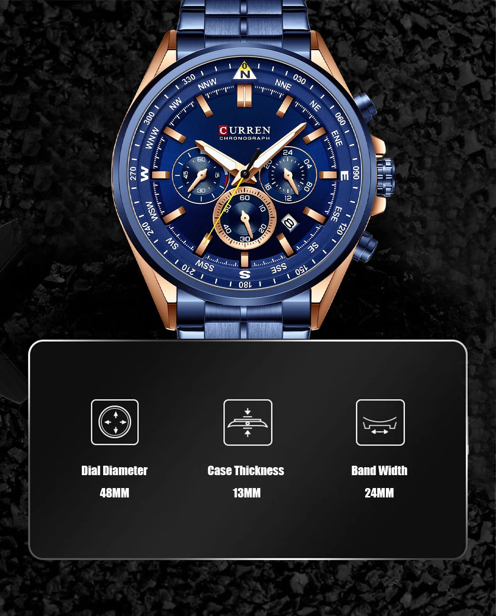 CURREN Luxury Sport Chronograph | Stainless Steel | Luminous Hands