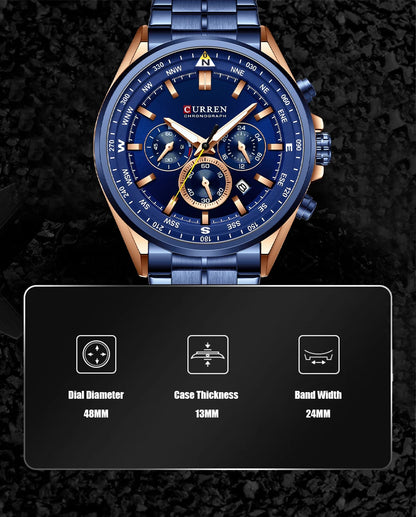 CURREN Luxury Sport Chronograph | Stainless Steel | Luminous Hands