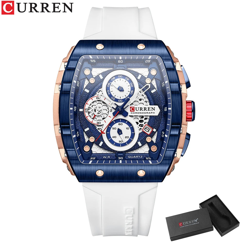 CURREN Sport Chronograph Quartz Watch for Men Fashion Blue Silicone Strap Tonneau Dial Wristwatch with Date 3atm Waterproof