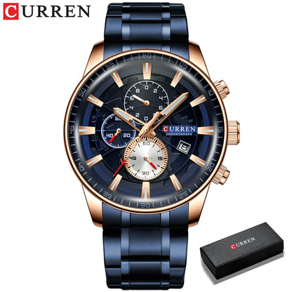 CURREN Watches Mens Fashion Sports Wristwatch with Chronograph Luminous hands Clock Male Watch Blue Stainless Steel Band