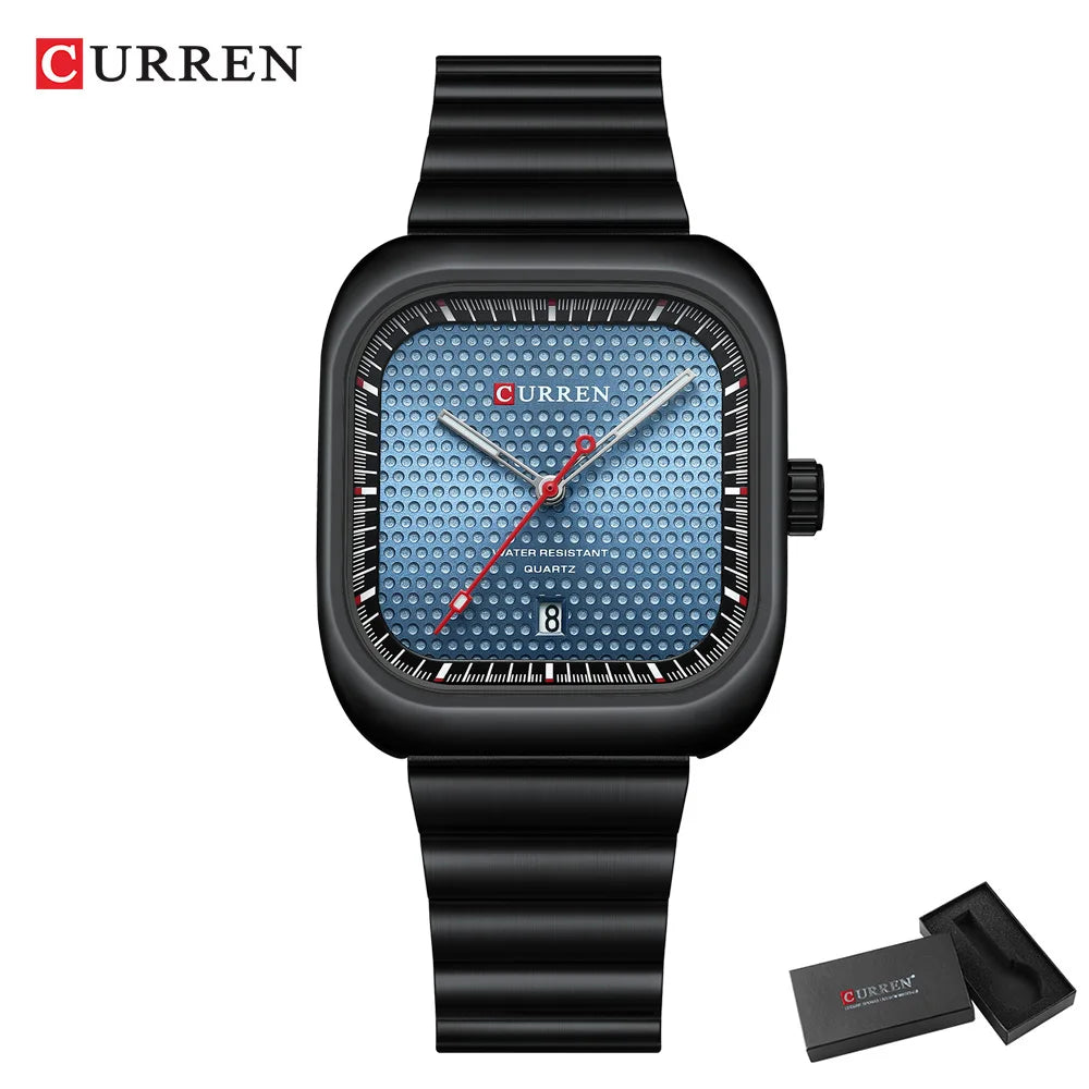 CURREN Fashion Square Men's Business Quartz Watch Stainless Steel Luminous Calendar Clock Male 36MM Large Dial Sports Wristwatch