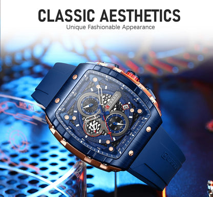 CURREN Sport Chronograph Quartz Watch for Men Fashion Blue Silicone Strap Tonneau Dial Wristwatch with Date 3atm Waterproof