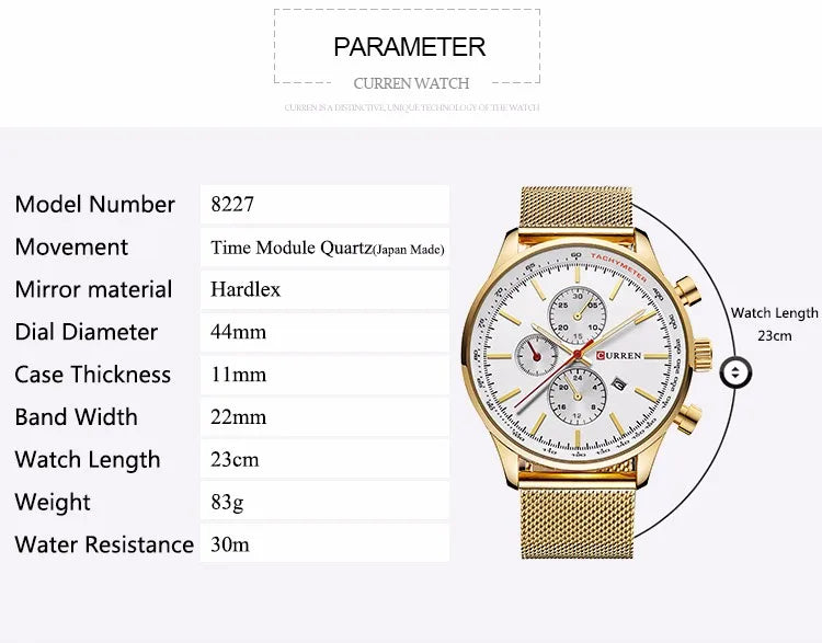 ساعات CURREN للرجال أنيقة فاخرة كاجوال من أفضل العلامات التجارية مقاومة للماء حتى 30 مترًا بتقويم كوارتز بحزام شبكي ساعة رجالية Reloj Hombre