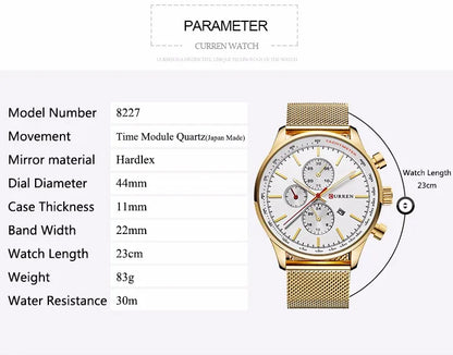 ساعات CURREN للرجال أنيقة فاخرة كاجوال من أفضل العلامات التجارية مقاومة للماء حتى 30 مترًا بتقويم كوارتز بحزام شبكي ساعة رجالية Reloj Hombre