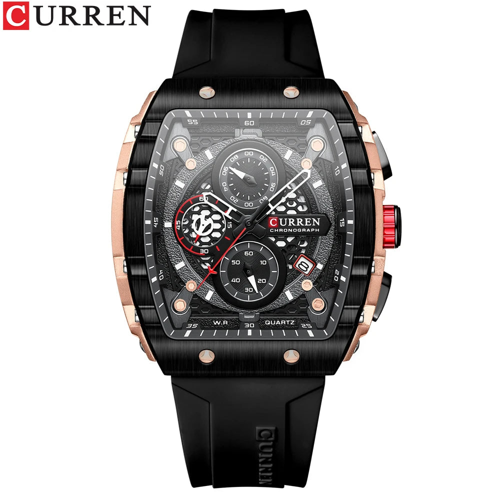 CURREN Sport Chronograph Quartz Watch for Men Fashion Blue Silicone Strap Tonneau Dial Wristwatch with Date 3atm Waterproof