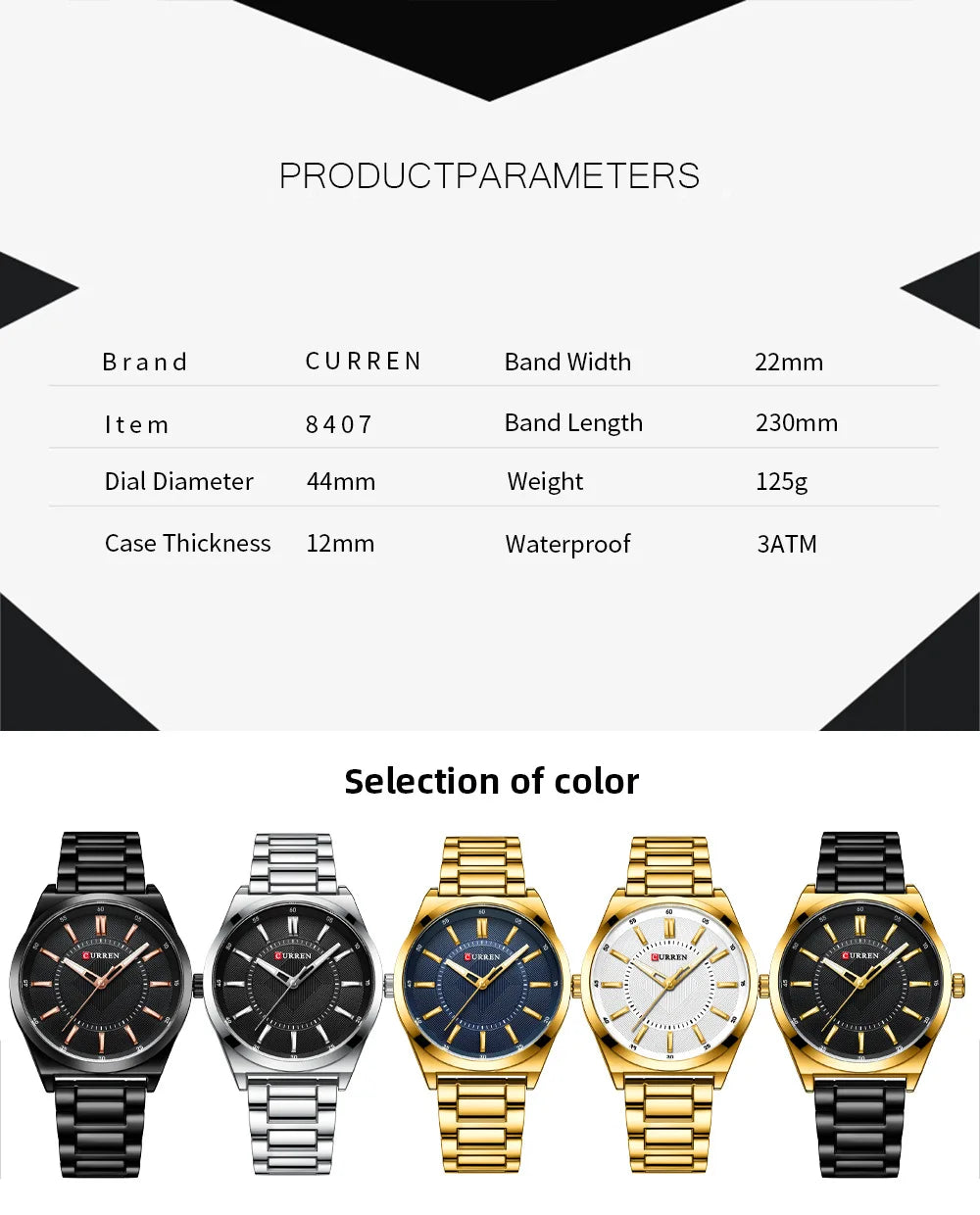 CURREN 8407 Men's Quartz Watch Fashion Business Simple Stainless Steel Strap Black Silver Gold Wristwatch for Male