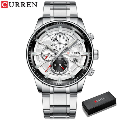 CURREN Watches Mens Fashion Sports Wristwatch with Chronograph Luminous hands Clock Male Watch Blue Stainless Steel Band