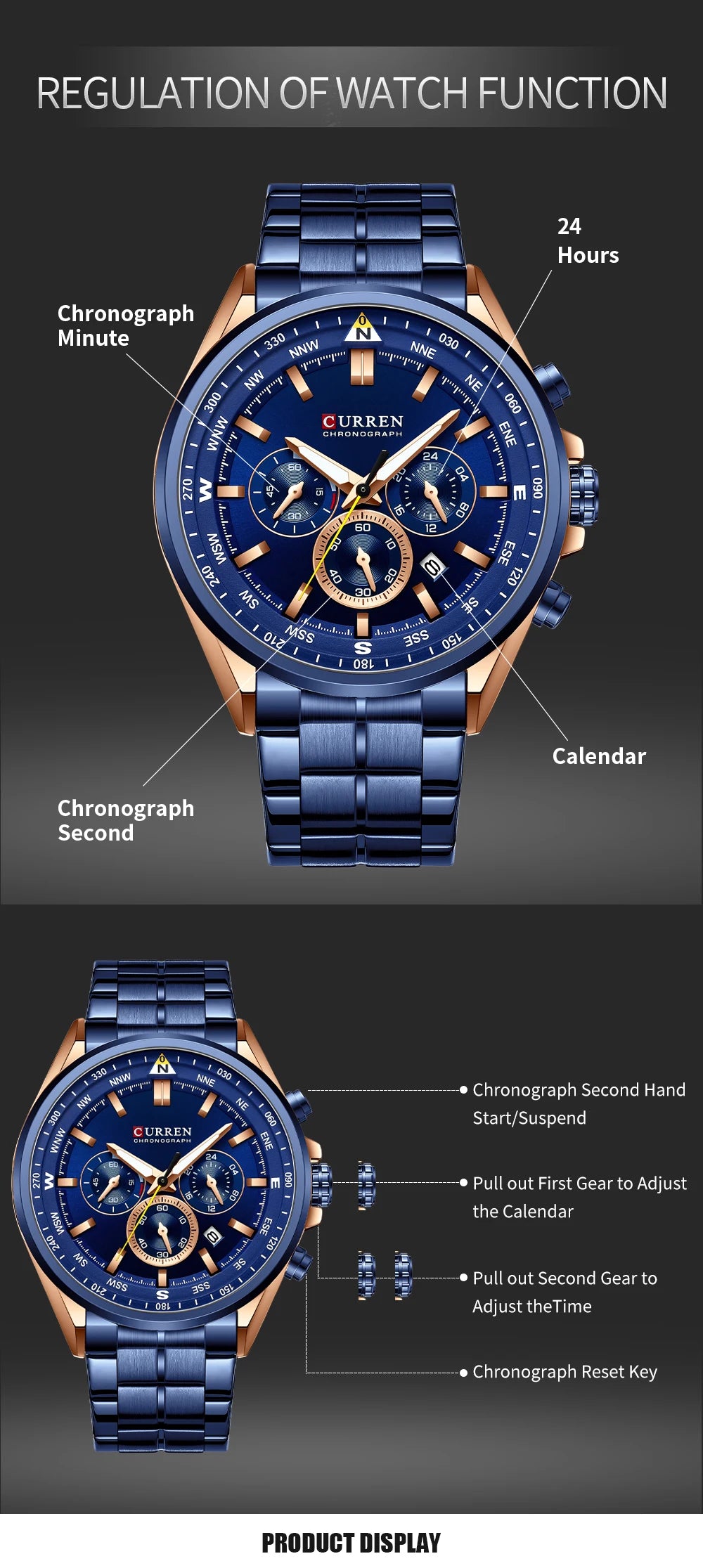 CURREN Luxury Sport Chronograph | Stainless Steel | Luminous Hands