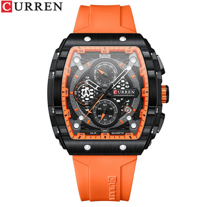 CURREN Sport Chronograph Quartz Watch for Men Fashion Blue Silicone Strap Tonneau Dial Wristwatch with Date 3atm Waterproof