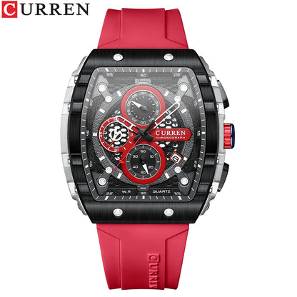 CURREN Sport Chronograph Quartz Watch for Men Fashion Blue Silicone Strap Tonneau Dial Wristwatch with Date 3atm Waterproof