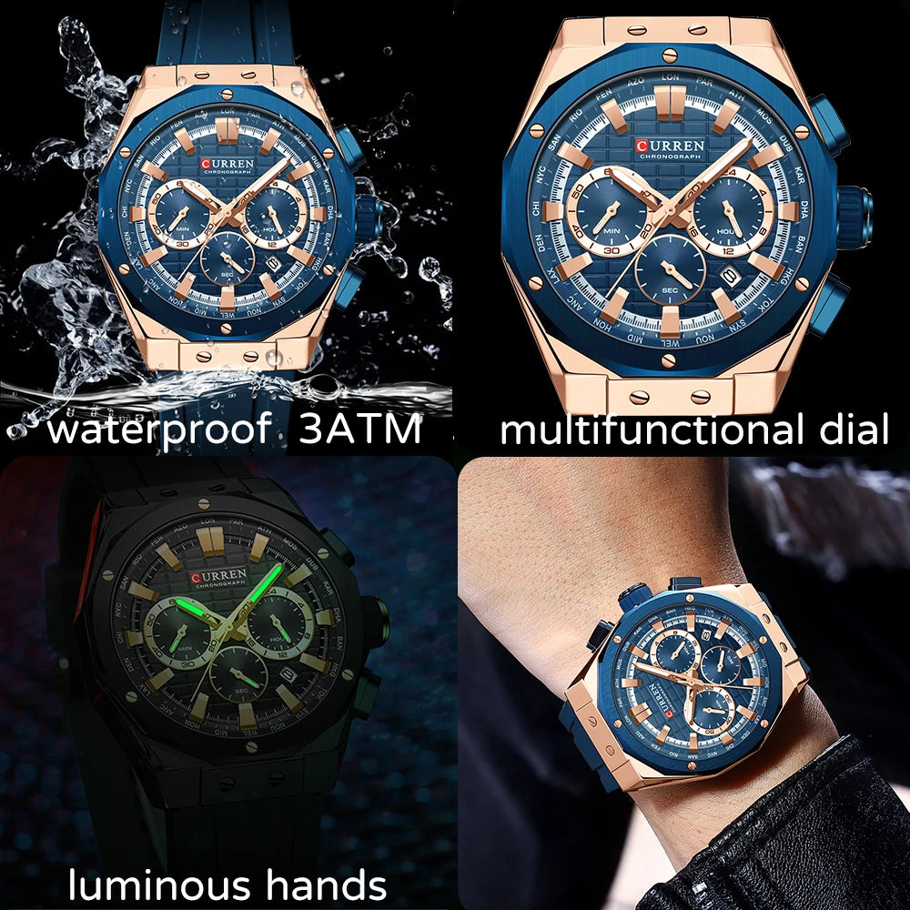 CURREN Luxury Brand High Quality Chronograph Luminous Watches for Men Silicone Strap Casual Sports Waterproof Quartz Wristwatch