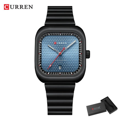 CURREN Simple Business Square Quartz Watches Casual Stainless Steel Bracelet Wristwatch with Auto Date for Men