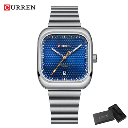 CURREN Simple Business Square Quartz Watches Casual Stainless Steel Bracelet Wristwatch with Auto Date for Men