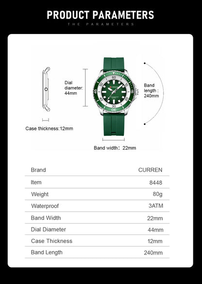 ساعة CURREN 8448 كوارتز عصرية للرجال بمينا كبيرة مضيئة ومقاومة للماء وحزام من السيليكون ساعة يد رياضية للرجال