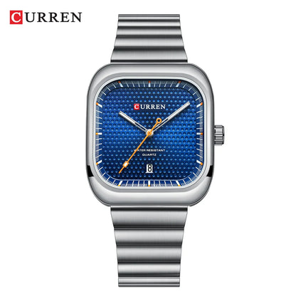 CURREN Fashion Square Men's Business Quartz Watch Stainless Steel Luminous Calendar Clock Male 36MM Large Dial Sports Wristwatch